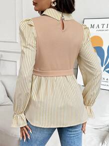 SHEIN 孕妇条纹印花二合一长袖休闲衬衫 - 卡其色 - 查看 2