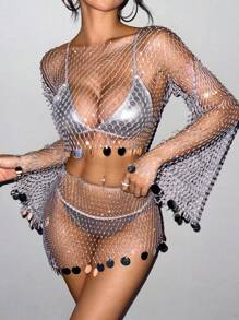 EgrlEra 2pcs Women's Rhinestone Fishnet Accessories Set, Sparkling Rhinestone Embellished Suitable For Bar, Party, Music Festival, Club Outfit