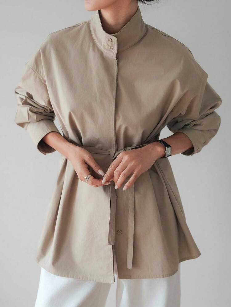 Dazy-Less 女士宽松商务休闲抽绳领带衬衫，简约长袖衬衫，适合办公室穿着，春秋装，秋季女装 - 卡其色 - 查看 6