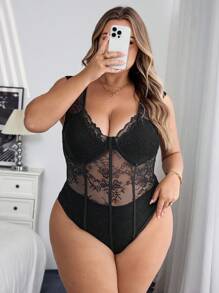 SHEIN CURVE+ 大尺碼花卉蕾絲秋冬冬季服飾 2026 22W - 黑色 - 查看 3