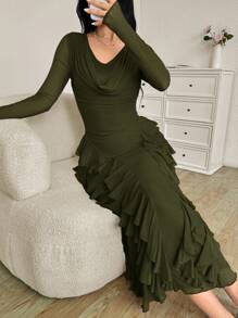 Modelyn 女式弹力网眼荷叶边领修身优雅长裙，春夏 - 墨綠色 - 查看 3