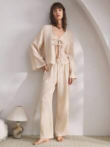 Ocili 女士休闲系带纹理上衣和裤子睡衣套装、服装、秋装 - 卡其色 - 查看 4