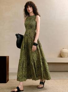 EMERY ROSE Váy lưới không tay họa tiết hoa đi làm thanh lịch cho nữ, váy ngày lễ phong cách Bohemian - màu xanh lá - Xem 4