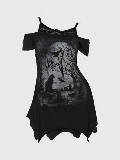 Dark Gothic Forest Raven & Dead Tree Pattern Off Shoulder Cami Top With Asymmetrical Hem, Lace Patchwork, Black Gothic Vine Print Short Sleeve Off Shoulder Women T-Shirt