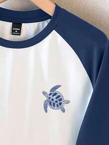 Manfinity Joysei Navy Blue & White Patchwork Logo Men's Raglan Sleeve T-Shirt With Sea Turtle Design, Suitable For Summer - Multicolor - View 2
