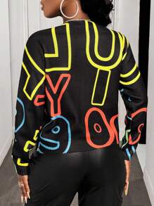 BamGleam 女士时尚字母涂鸦印花深 V 领长袖休闲宽松针织开衫 - 藏蓝色 - 查看 2