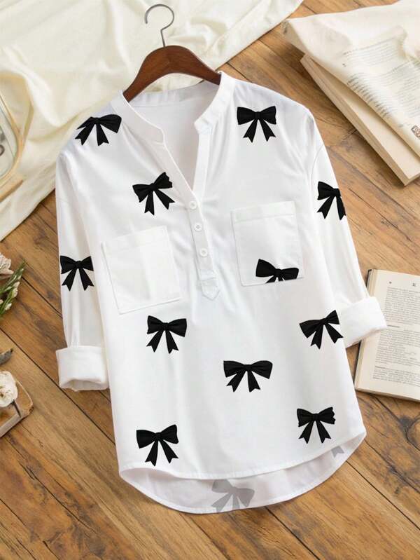 SHEIN Plus Size Casual Butterfly Print Cutout Collar Shirt