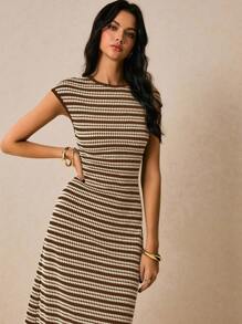 Poéselle Women's Casual Striped Round Neck Dress, Summer - Brown - View 8