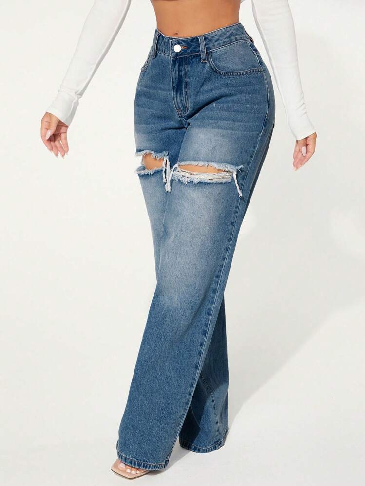 SHEIN SXY Single Button Cut Out Ripped Frayed Wide Leg Jeans