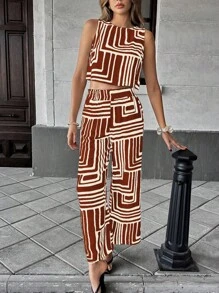 Pariaura Bộ 2 món/Bộ đồ lót nữ họa tiết sọc hoa thời trang và quần dài, phong cách nghỉ dưỡng bãi biển thường ngày, trang phục mùa hè cho sinh viên - Màu Cam cháy - Xem 5