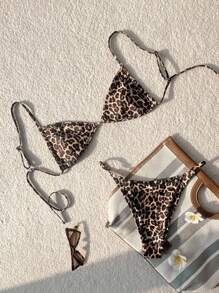 Swim Vcay 2pcs Women's Leopard Print Spaghetti Strap Sexy Crop Top And High Cut Sexy Bottoms Bikini Set, Springbreak Beachwear For Summer Beach Vacation