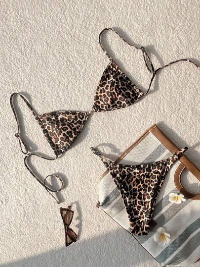 Swim Vcay 2pcs Women's Leopard Print Spaghetti Strap Sexy Crop Top And High Cut Sexy Bottoms Bikini Set, Springbreak Beachwear For Summer Beach Vacation