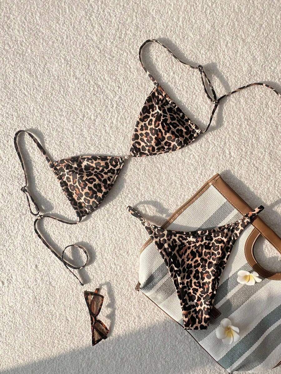 Swim Vcay 2pcs Women's Leopard Print Spaghetti Strap Sexy Crop Top And High Cut Sexy Bottoms Bikini Set, Springbreak Beachwear For Summer Beach Vacation
