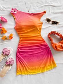 Soleia Women's Tie Dye Gradient Print Strapless Ruched Floral Decor Bodycon Mini Dress, Party Date Beach Vacation Summer Outfit, Bohemian, No Chest Padding - Multicolor - View 1