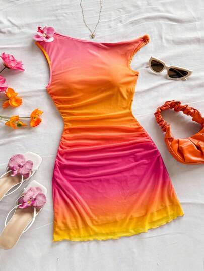 Soleia 女式渐变色印花露肩褶饰花卉装饰紧身迷你连衣裙，性感派对约会海滩度假夏季服装，波西米亚风，波西米亚风，浪漫花卉