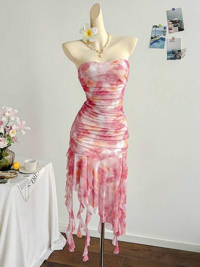 Soleia 大码花卉印花网眼荷叶边连衣裙，浪漫假期、约会、情人节、下午茶