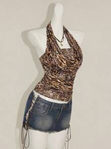 SHEIN ICON 2pcs Women Boho Brown Draped Country Concert Zebra And Leopard Print Bandeau Top And Strapless Camisole Set - Multicolor - View 7