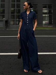 DAZY 女式夏季方领收腰短袖牛仔连体裤，街头休闲 - 深色水洗藍 - 查看 5