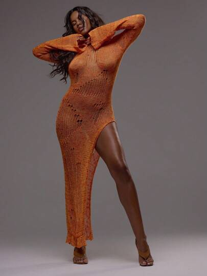 MUSERA Vestido maxi con cuello redondo, manga larga acampanada, tejido desgastado, abertura en el muslo, para festivales, conciertos, clubes, verano, sexy, vacaciones, boda, elegante, cita nocturna, otoño, invierno