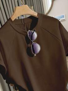 INAWLY 女式休闲插肩袖上衣和短裤两件套 - 咖啡棕 - 查看 8