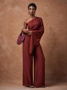 Zivah New Early Autumn Autumn Leisure Vacation Daily Dating Commuting Elegant Beach Cruise Party Simple Internet Celebrity Hot Style Flip One Shoulder Oblique Shoulder Flared Sleeves Short Front And Long Back Sleeves Long Oblique Hem Side Slits Side Seam Gathered Long Top + Elastic Waist Wide Leg Pants Super Long Pants Red Brown Fabric Women's Two Pieces Suit-B,Fall - Redwood - View 4