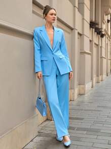 CLARA VERO 2 Pcs Blazer Jacket And Straight Fit Pants Suit Set - Baby Blue - View 1