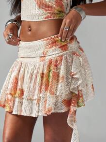 MISSGUIDED 手工制作的亮片迷你裙，分层褶边设计，节日派对俱乐部服装，晚装，高腰，闪耀节日，特殊场合，花卉图案 - 彩色 - 查看 7