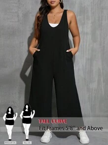 SHEIN Tall CURVE Women's Plus Size V-Neck Loose Pocket Wide-Leg Jumpsuit With Sleeveless Black Top