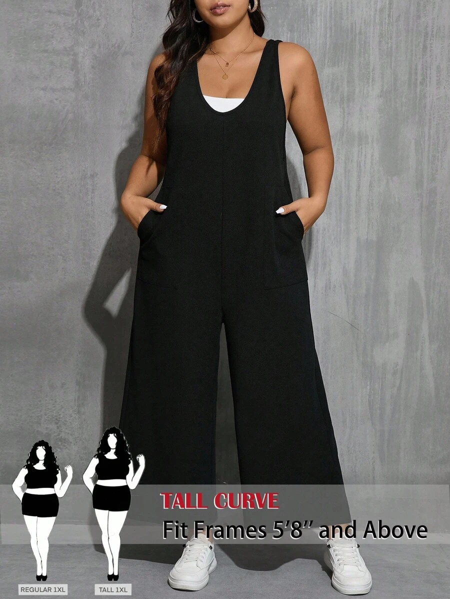SHEIN Tall CURVE Women's Plus Size V-Neck Loose Pocket Wide-Leg Jumpsuit With Sleeveless Black Top