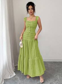 Rafferiza 优雅甜美针织提花纹理方领无袖前开裙，女式两件套，适合春夏季 - 綠色 - 查看 4