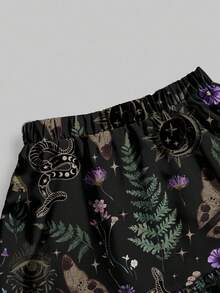 ROMWE Goth 哥特式复古风格蝴蝶、植物、蛇、星星、月亮和眼睛印花三层花卉图案女式夏季半身裙 - 黑色 - 查看 3