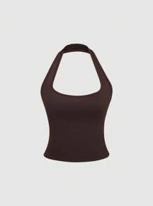 SHEIN Unity 棕色休闲百搭上衣套装，夏季 - 棕色 - 查看 4