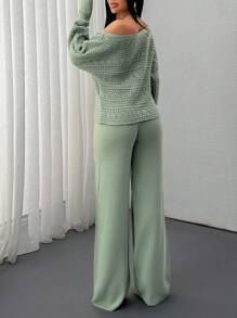 EURMUSE Solid Color Holo Out Batwing Sleeve Sweater, Spring/Fall Season, Long Sleeve Top And Sweater Pant Comfortable Two Piece Set - Green - View 3
