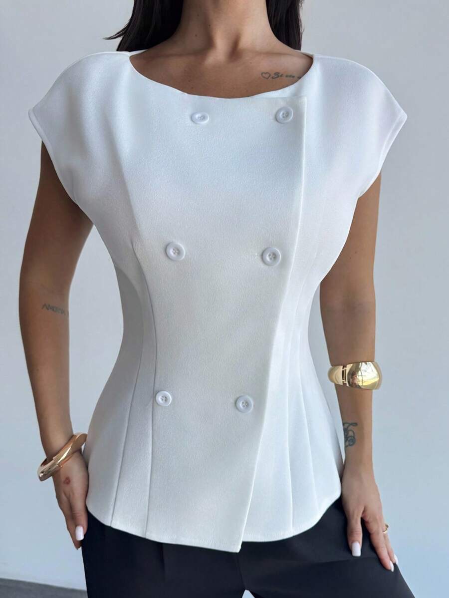 Firerie Women's Simple Solid Bat Wing Sleeve Double-Breasted Open Front Thin Blazer For Work & Commute - White - View 1