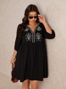 Elaquor Plus Size Casual Minimalist Vacation Embroidered V-Neck A-Line Loose Dress For Women, 3/4 Sleeve, Black,Fall Clothes For Women - Black - View 6