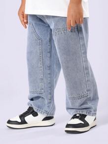 SUMWON Double Knee Wide Leg Denim Pants Streetwear Fashion Japanese Style Baggy Loose Fit Kids Trousers Fall Winter Casual Everyday Urban Wear