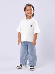 SUMWON Double Knee Wide Leg Denim Pants Streetwear Fashion Japanese Style Baggy Loose Fit Kids Trousers Fall Winter Casual Everyday Urban Wear