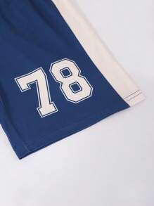 2pcs/Set Tween Boy Vintage American Style Contrast Color Block Numeral Print T-Shirt And Shorts Set - Royal Blue - View 7