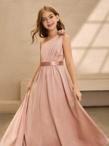 Robe une épaule en satin à fleurs surélevée pour demoiselle d'honneur, remise des diplômes, bal, anniversaire, événement spécial