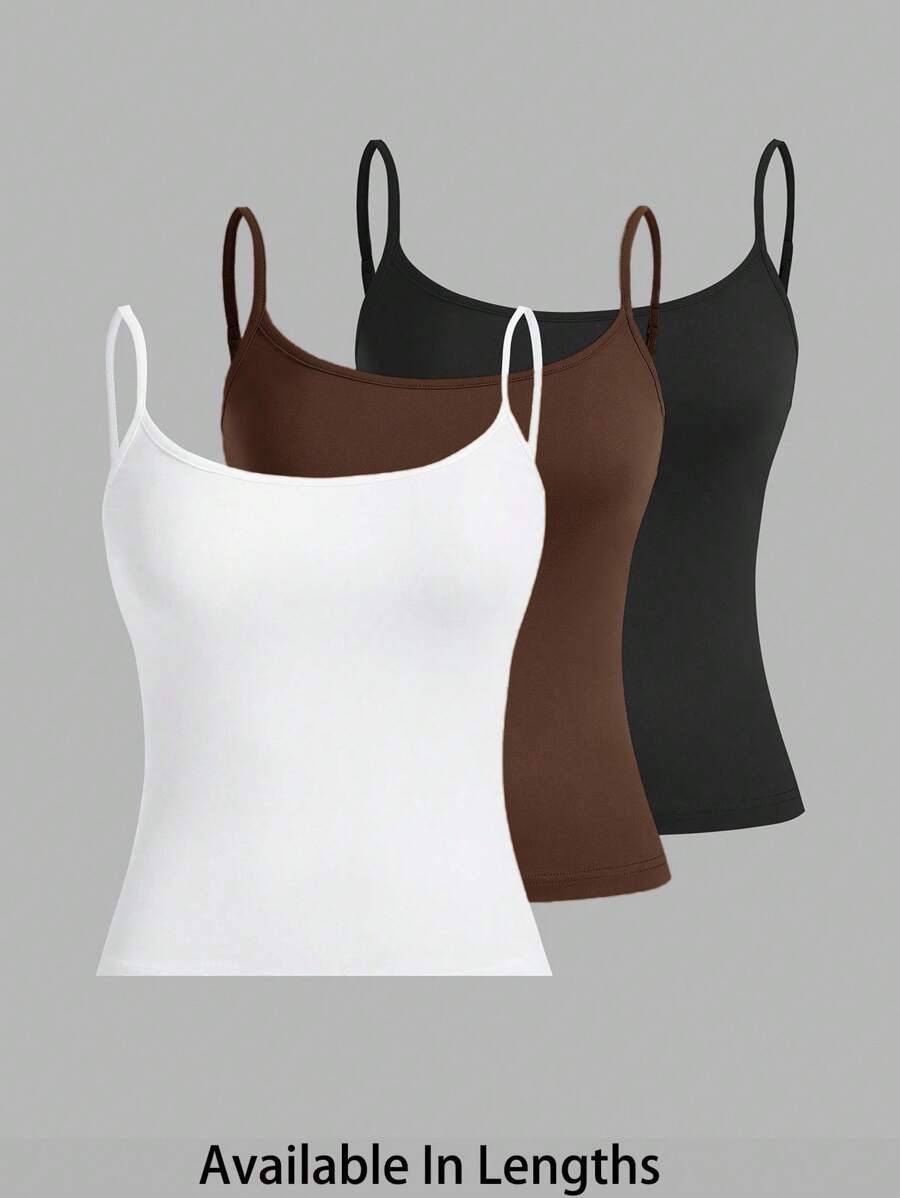 SHEIN PETITE CURVE 大码女式三件套紧身休闲背心（细肩带） - 巧克力棕 - 查看 1