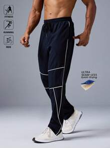 Manfinity Sport Polished Men's Contrast Color Trim Outdoor Sport Pants Sweat-Wicking Lightweight Comfortable Running Muscle Minimalist Design Slim Fit For Workout Joggers Gymwear - Navy Blue - View 1