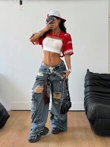 Coolane 女士街头服饰 运动休闲 返校运动装 休闲运动衫 数字印花 缎面光泽上衣 Y2k 服装 青少年街头服饰上衣 - 紅色 - 查看 6