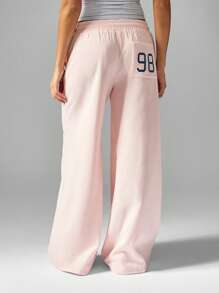 MISSGUIDED Quần dài ống rộng thoải mái, có dây rút, in họa tiết số, mặc nhà, mặc nhà mùa thu đông, mặc thoải mái, mặc dạo phố, ấm áp - Hồng - Xem 2