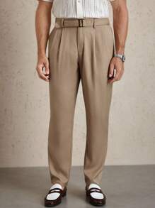 Manfinity Homme Quần ống côn xếp ly thiết kế khóa thắt lưng màu trơn cho nam - Màu Khaki - Xem 5