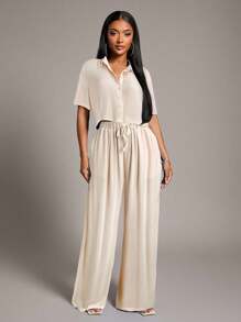 Radiana 女士舒适休闲蓝色宽松两件套：短款衬衫 + 喇叭阔腿裤，适合海岛度假、沙滩装、家居服、聚会、日常穿着 - 杏色 - 查看 4