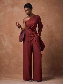 Zivah New Early Autumn Autumn Leisure Vacation Daily Dating Commuting Elegant Beach Cruise Party Simple Internet Celebrity Hot Style Flip One Shoulder Oblique Shoulder Flared Sleeves Short Front And Long Back Sleeves Long Oblique Hem Side Slits Side Seam Gathered Long Top + Elastic Waist Wide Leg Pants Super Long Pants Red Brown Fabric Women's Two Pieces Suit-B,Fall - Redwood - View 3