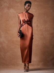Zivah Robe d'été 2025 pour femmes avec col rond, sans manches, torsadée à la taille, en tissu brillant rouge-brun, convenant pour la fête des Mères, le mariage, l'anniversaire, les occasions décontractées, les vacances, le style de rue, les tenues élégantes et les tenues de bureau - Taupe - Voir 3