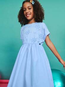 Leap Crew Leap Crew 青少年女孩休闲简约舒适圆领短袖收腰镂空侧边修身连衣裙 - 藍色 - 查看 2