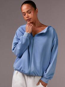 Athîral 女士纯色落肩拉链宽松休闲卫衣，返校季，秋季女装，大码 - 藍色 - 查看 4