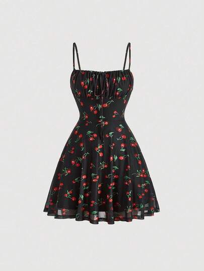 SHEIN MOD Cherry Print Ruched Bust Cami Summer Pastoral Short Style Dress